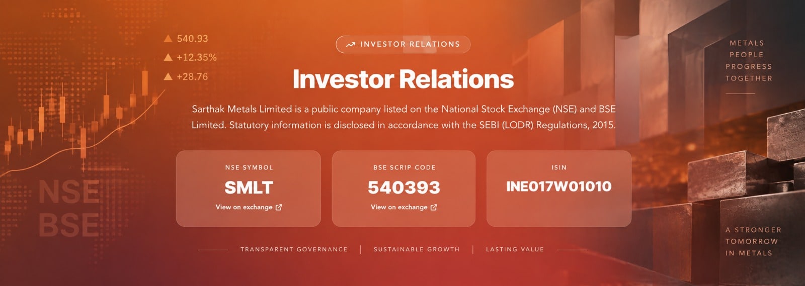 Investor Relations — Sarthak Metals Limited, listed on the National Stock Exchange (NSE: SMLT) and BSE (Scrip Code 540393), ISIN INE017W01010. Statutory disclosures under SEBI (LODR) Regulations, 2015.
