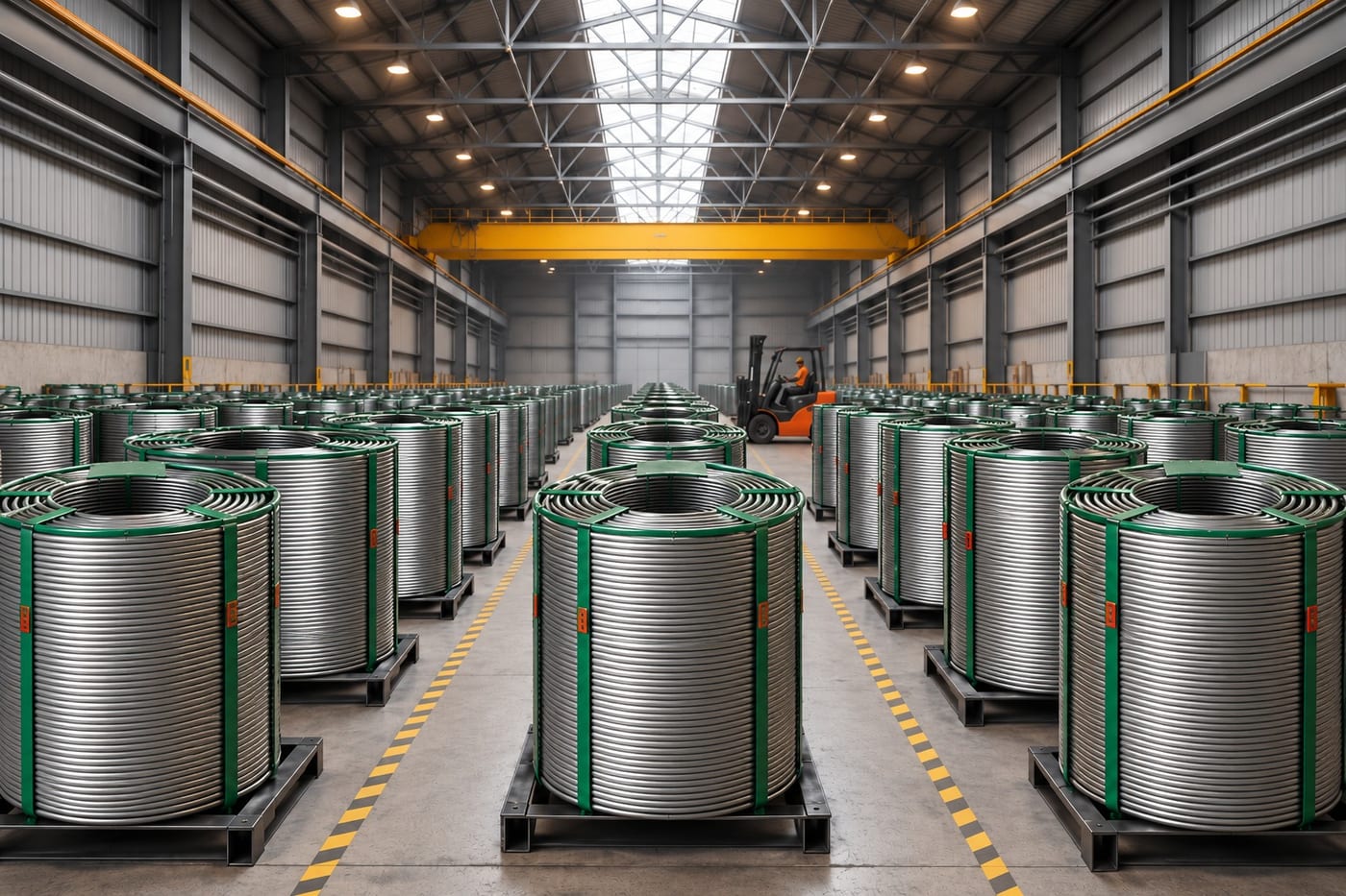 Cored wire coils stored at the Sarthak Metals Limited warehouse
